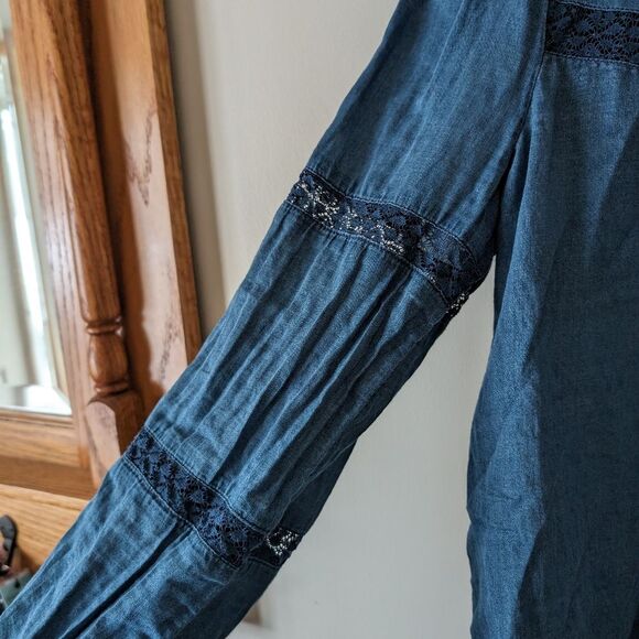 J. Crew Denim Lace Trim Mock Neck Blouse Size Small - Picture 7 of 8